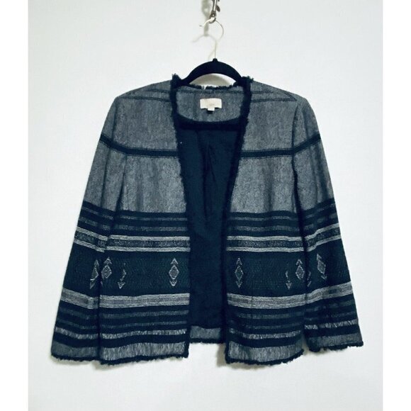 LOFT Blazer Womens Medium Open Front Southwestern Fringe Cotton Navy Blue Boho - Picture 2 of 7